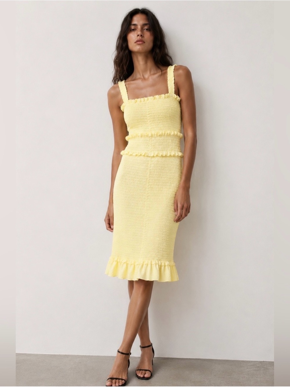 Fashion Nova Yellow Smocked Ruffle Midi Dress